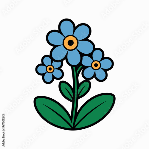 Cute blue forget-me-not flowers illustration, bunch of spring blossoms isolated on white