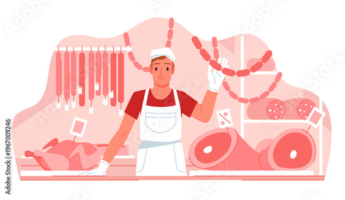 Butcher standing behind counter with various meats, sausages, and hams, surrounded by price tags and shelves, isolated on white background vector illustration