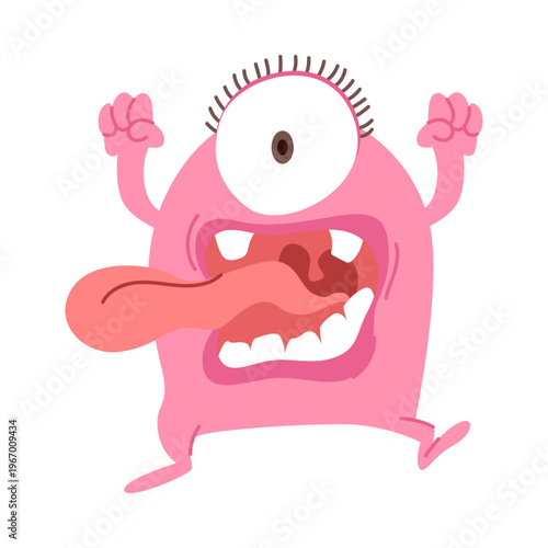 Playful pink cyclops monster with big tongue and teeth isolated on white vector illustration