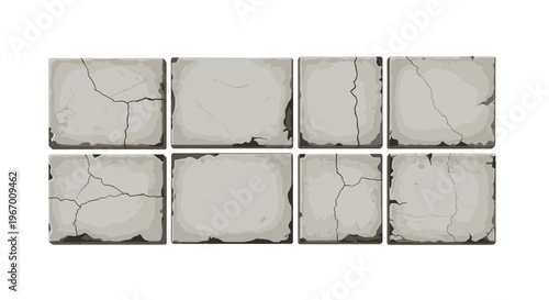 Eight rectangular weathered gray tiles with cracks and chipped edges are arranged in two rows on a white background.