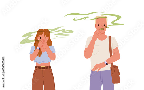 Two people covering mouths with visible odor, showing embarrassment and discomfort from bad breath, highlighting the consequences of poor oral hygiene, isolated on white background vector illustration