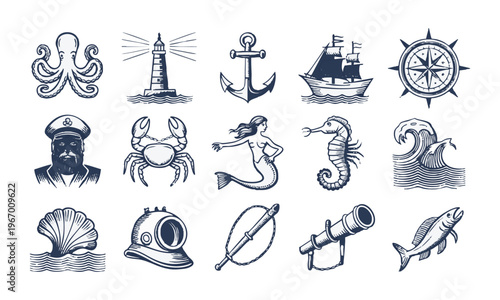 Vintage nautical engraving icon collection with sea life and navigation symbols.