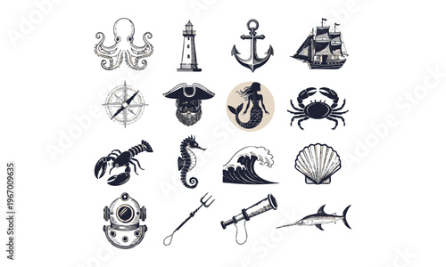 Nautical marine engraving icon set with ocean elements vector illustration