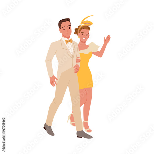 Man in beige suit and woman in yellow dress walking together, smiling and waving, dressed for a formal premiere, isolated on white background vector illustration