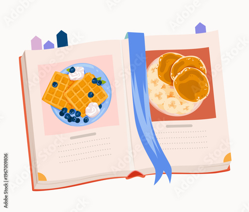 Colorful isolated recipe book showing illustrated breakfast dishes like waffles and pancakes vector illustration