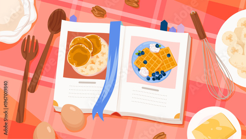 Open recipe book featuring pancake and waffle breakfast recipes, surrounded by kitchen utensils, eggs, and ingredients on a red checkered tablecloth vector illustration
