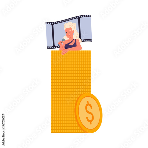 Isolated concept of celebrity salary with singer, film strip, and large coin stack vector illustration