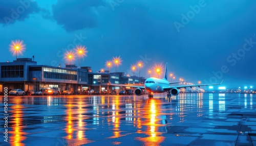 Airplane at Rainy Airport Terminal on Illuminated Runway With Wet Reflections at Night.