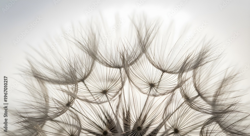 Fototapeta premium close-up of dandelion seeds dispersing in soft gray background