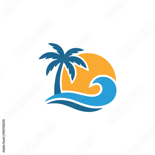 Tropical beach logo vector, palm tree and ocean wave icon, sunset summer vacation emblem, minimalist travel and tourism branding element