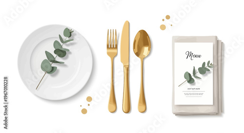 Elegant Golden Cutlery, Plate, and Menu with Eucalyptus on White Background
