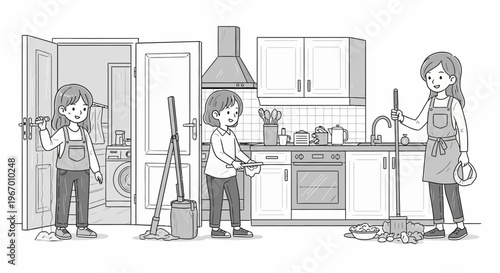 Children helping with household chores in a modern kitchen and laundry room.