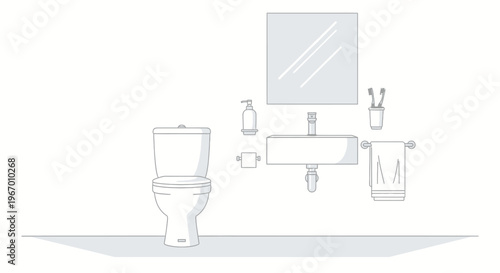 Modern Bathroom Interior Design - Toilet, Sink, Mirror, Towel, Soap Dispenser, Toothbrush Holder