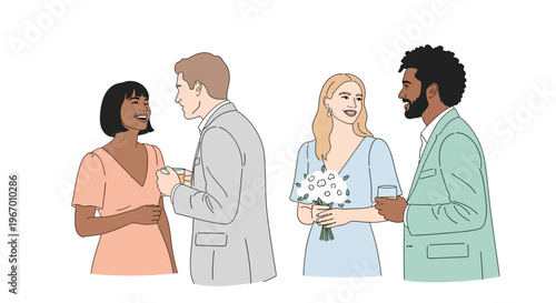 Diverse couples celebrating wedding, smiling and talking cheerfully