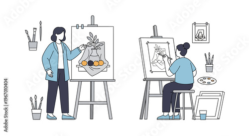 Artists painting still life and portrait at easels, creative hobby, art class illustration