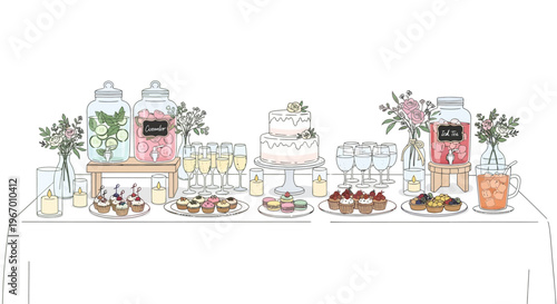 Elegant Dessert Table with Cakes, Cupcakes, Drinks and Flowers - Celebration Buffet