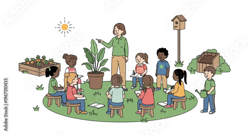 Children Learning About Plants Outdoors With Teacher