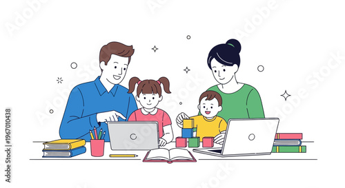 Family learning together with laptops and books, modern education and togetherness