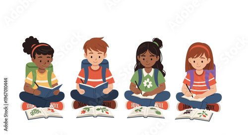 Diverse children reading books on white background, education concept