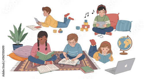 Diverse children reading and learning together, using books, tablets, and headphones in a cozy setting.