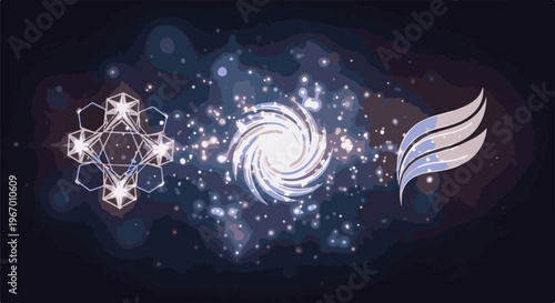 Cosmic swirling vortex, geometric star cluster, and stylized wings amidst starry sky