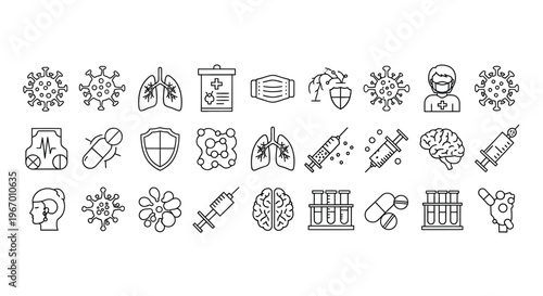 Collection of line art icons representing viruses health and medical themes