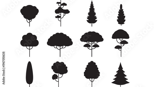 Trees minimalist silhouette icons representing diverse arboreal species in a collection. featuring tree, icon, nature with forest and plant elements