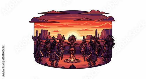 Desert sunset with Native American dancers around a campfire
