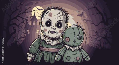 Eerie pixel art depicts cracked doll and stitched toy in spooky forest scene