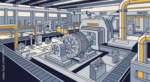 Industrial factory with large machinery and conveyor belts