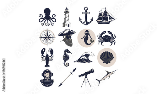 Marine icon collection with nautical engraving and sea life elements.
