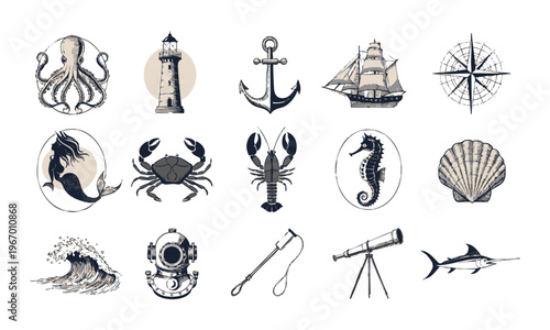 Ocean line art icon set with nautical symbols vector illustration.