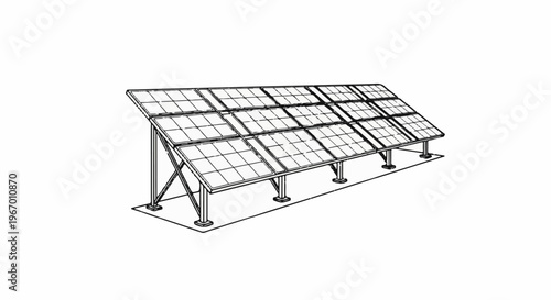 Line drawing of solar panels on a metal frame, angled for sunlight