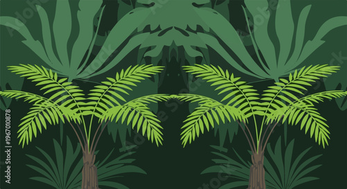 Lush green palm trees and large foliage create a symmetrical jungle scene