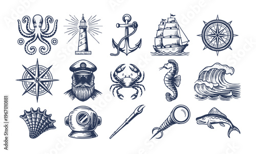 Nautical icon set engraving style marine vector collection.