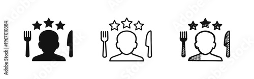 Restaurant Reviewer Icon Set with Human Bust, Cutlery, and Three Stars - Food Critic Symbol