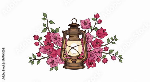 Ornate vintage lantern glowing warmly amidst vibrant pink blossoms and green leaves