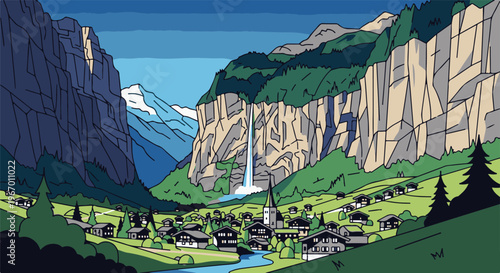 Pixel art village nestled in a valley with a waterfall and snow-capped mountains