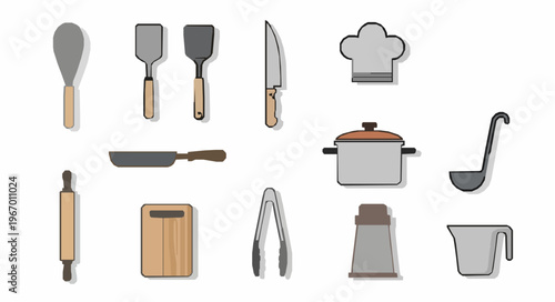 Stylized kitchen utensils line icon set cooking vector EPS10 isolated on white