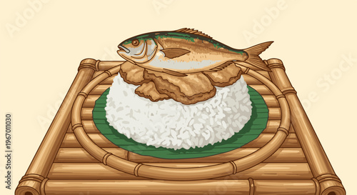 Pixel art depiction of a delicious fish and rice meal served on bamboo