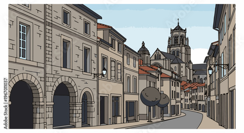 Pixelated European street scene with arched buildings and a cathedral