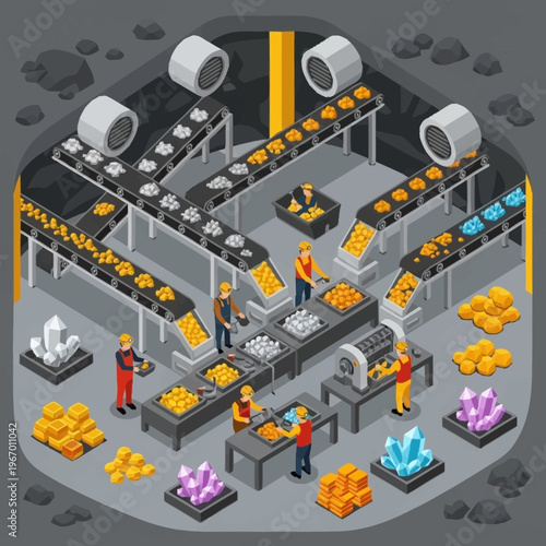 Isometric Gold Mine Processing Plant with Workers and Conveyor Belts.