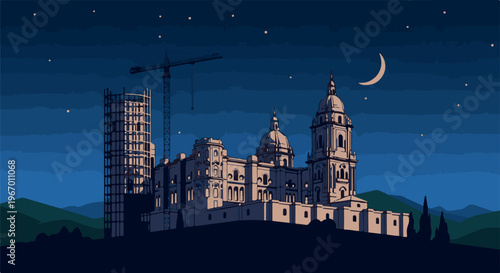 Pixelated view of a grand building under construction at night
