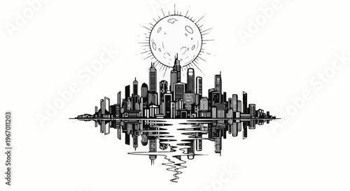 Stylized sketch of a city skyline reflected in water under a large moon