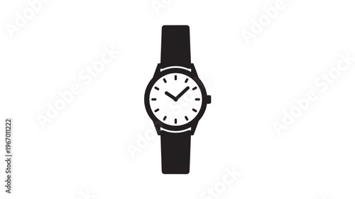 Watch simple black icon with white face and analog hands, displaying time for daily use featuring clock, timepiece, wristwatch with accessory and