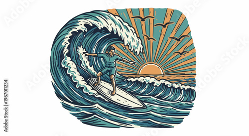 Surfer rides a massive wave at sunset with birds flying in sky