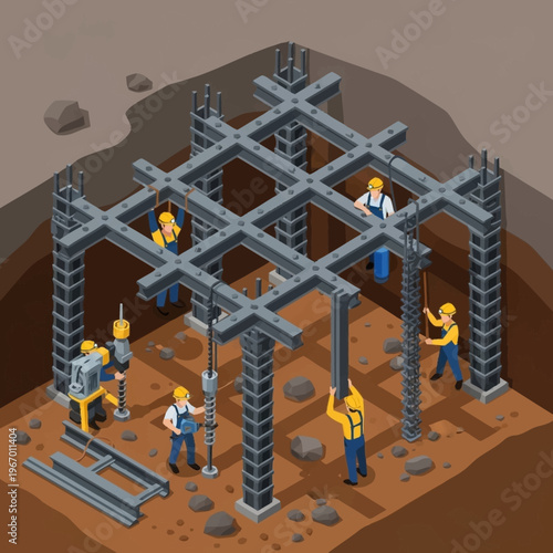 Construction Workers Building a Structure with Steel Beams.