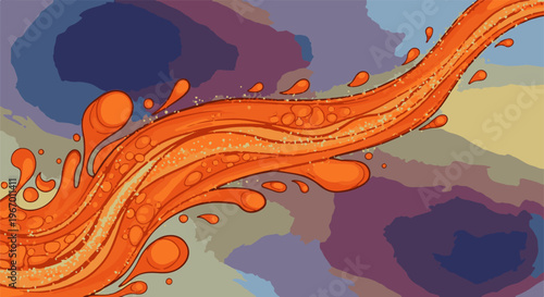 Vibrant orange liquid splash with bubbles against abstract colorful background