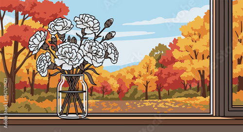 White flowers in a jar on a windowsill with autumn forest view