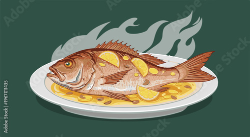 Whole roasted fish with lemon slices and sauce on a plate, steaming